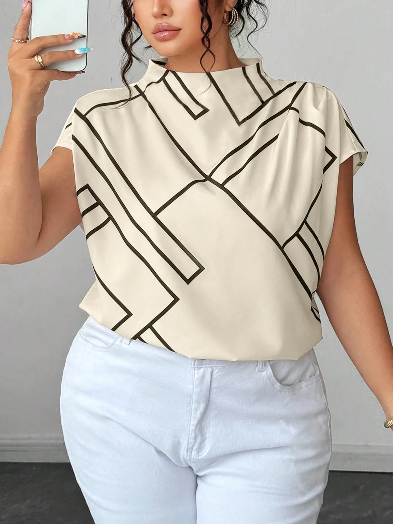 Plus Size Blouse Women Mock Neck Geometric Graphic Print Loose Fit Elegant Satin Feel Top For Business Work Daily Occasion