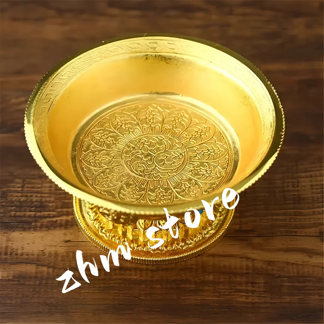Zinc Alloy Tribute Buddhist Fruit Plate Gold Auspicious Luster Tibetan Plate Engraving Buddha Fruit Saucer Home Gift Decorative