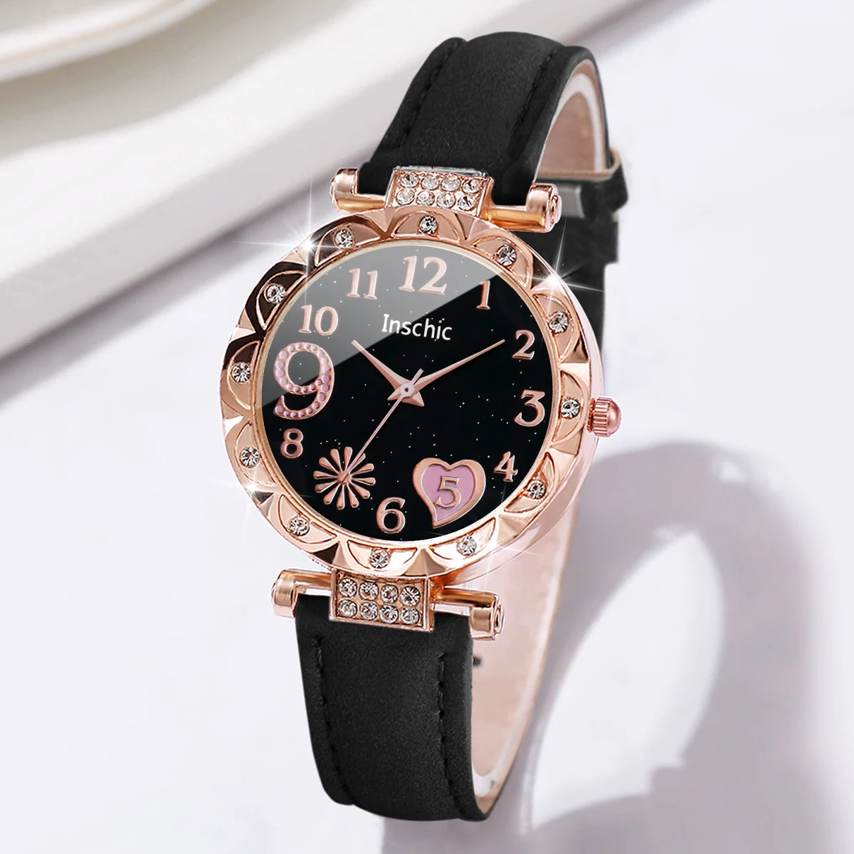 6PCS Women\'s Watch Fashion Heart Dial Leather Band Quartz Watches Rhinestone Jewelry Set（Without Box）