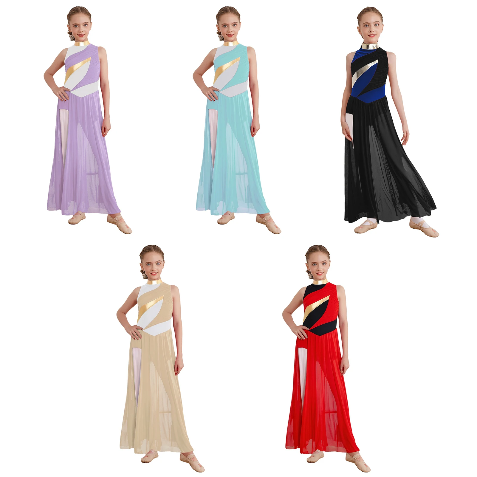 Kids Girls Modern Contemporary Dance Costume Mock Neck Sleeveless Ruched Mesh Overlay Bodice Side Split Lyrical Dance Dress