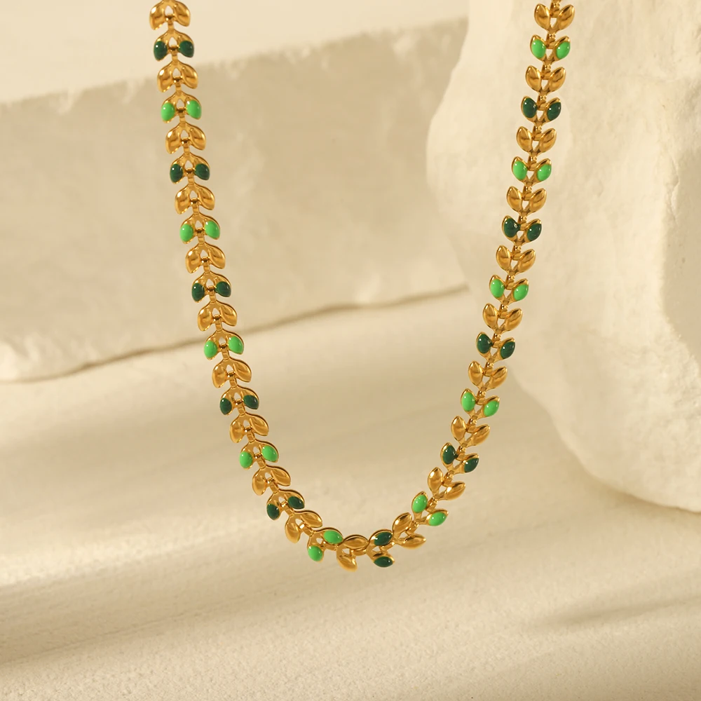 

New Trend Leaf Necklace Colorful Ethnic Style Short Collarbone Chain Stainless Steel Necklace Anti Oxidation Party Gift