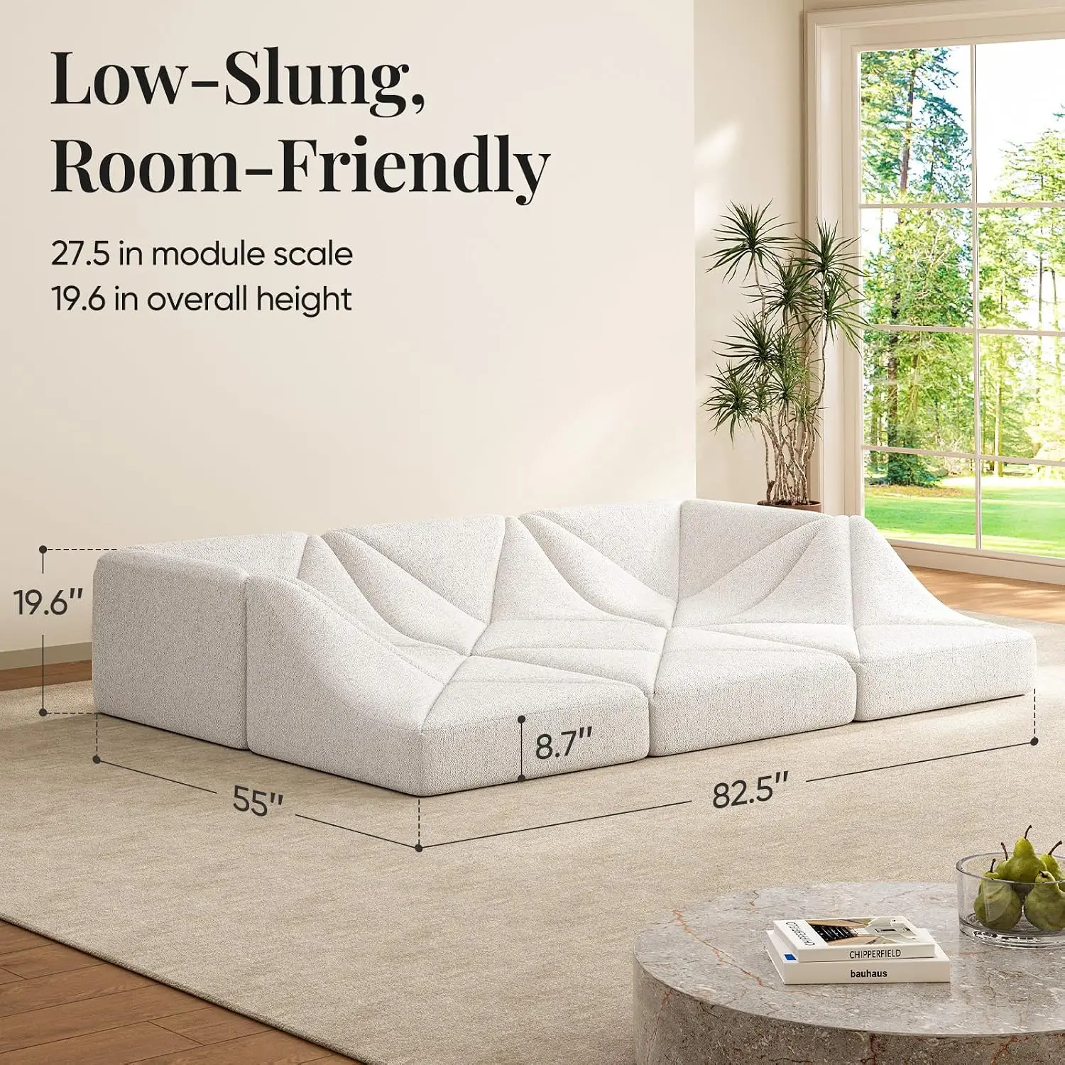 Chenille Modular Sectional Sofa, Low Profile Floor Couch, DIY Convertible Set for Living Room, Cream White, 6 Pieces, Customized
