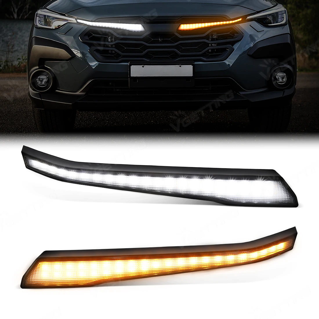 

Передняя центральная решетка бампера с ДХО для Subaru Crosstrek 2023 2024 2025: белые дневные ходовые огни, желтые указатели поворота