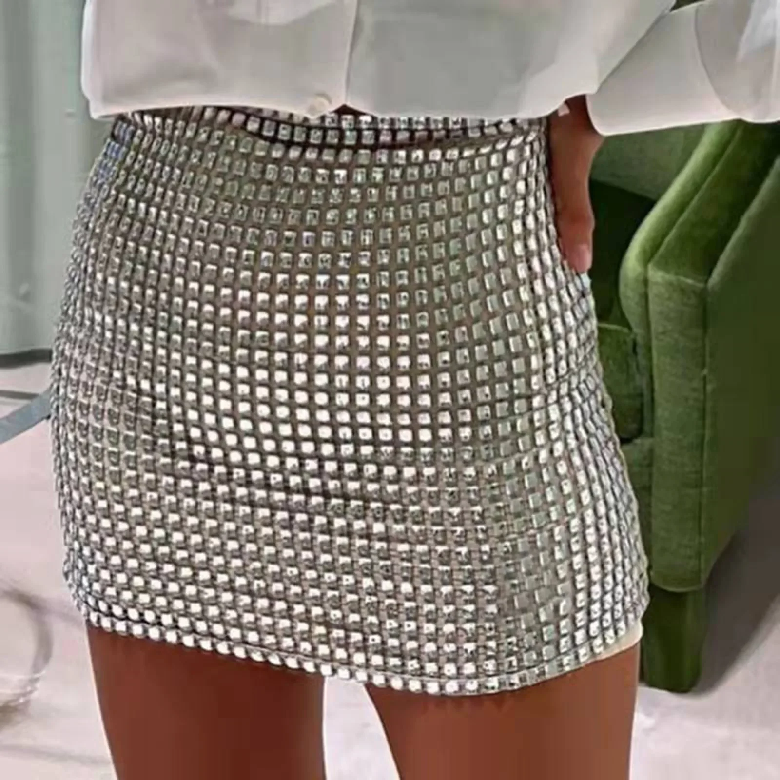 Spring New Fashion Women Solid Color Silver Sequin Stitching Casual Mesh Slim Bodycon Mini Skirt Sexy Club Outfits