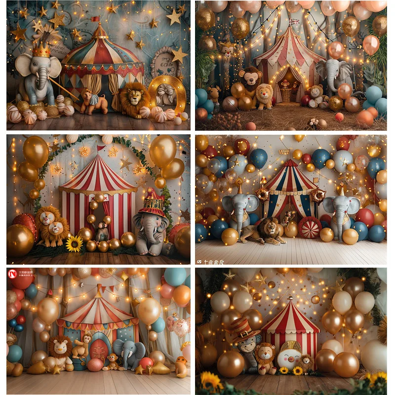 

Circus Tent With Striped Canopy Popcorn Photography Backdrops Balloons Birthday Party Decor Animal Photo Studio Background SD-03