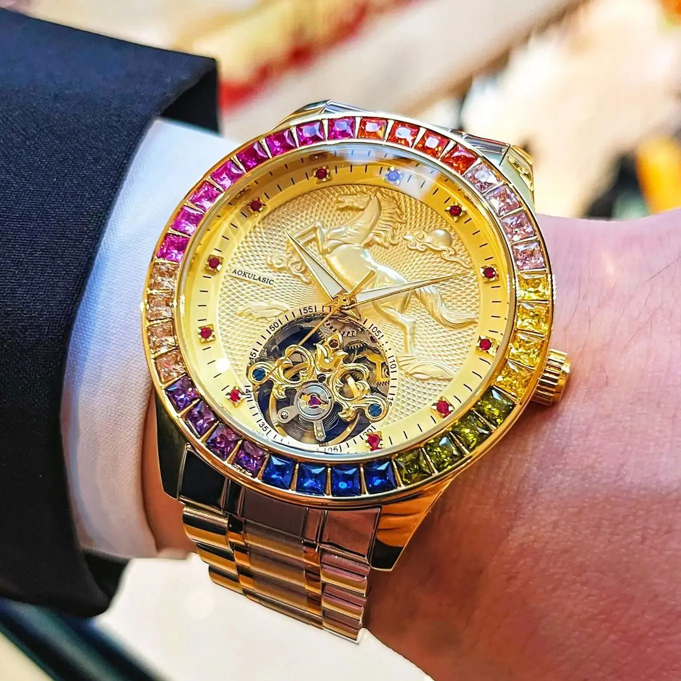 

Colorful Diamond, Galloping Golden Horse, High-End Large Flywheel, Fully Automatic Mechanical Men's Watch, Gorgeous and Luxurious Business Casual Watch