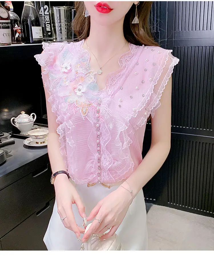 Sweet Floral Tank Camisole Women\'s Summer Outer Wear Summer Sleeveless Three-dimensional Flower Embroidery Top Q509