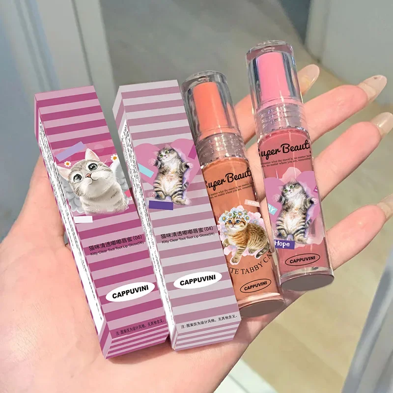 Cute Cat Lip Gloss Set Lips Essence Jelly Lip Glaze Moisturizer Mirror Water Light Lipsticks Red Lip Tint Liquid Lip Oil Balm