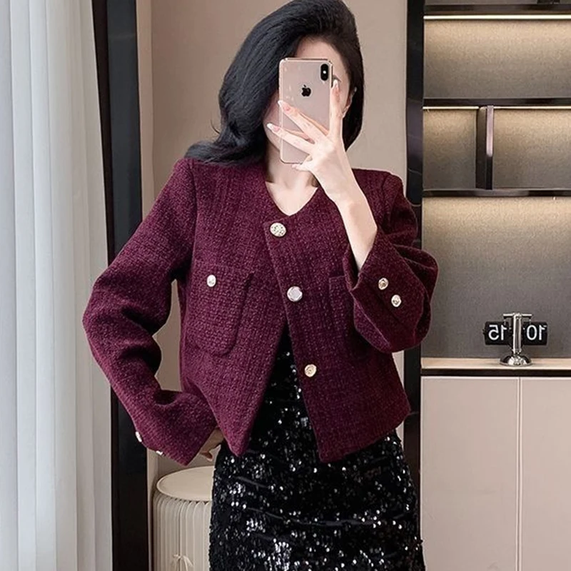 New Autumn Winter Women Tweed Coat Korean Fashion Single Breasted Cropped Jacket Woman Elegant Loose Short Outerwear Clothes