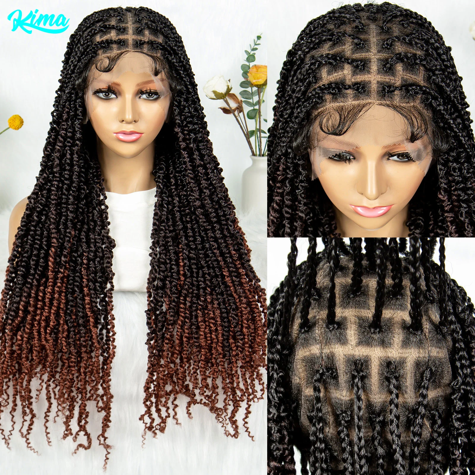 Kima Full Lace Cornrow Box Braided Wigs Ombre Spring Twisted Braids Curly Soft Locs For Black Women 30 inch