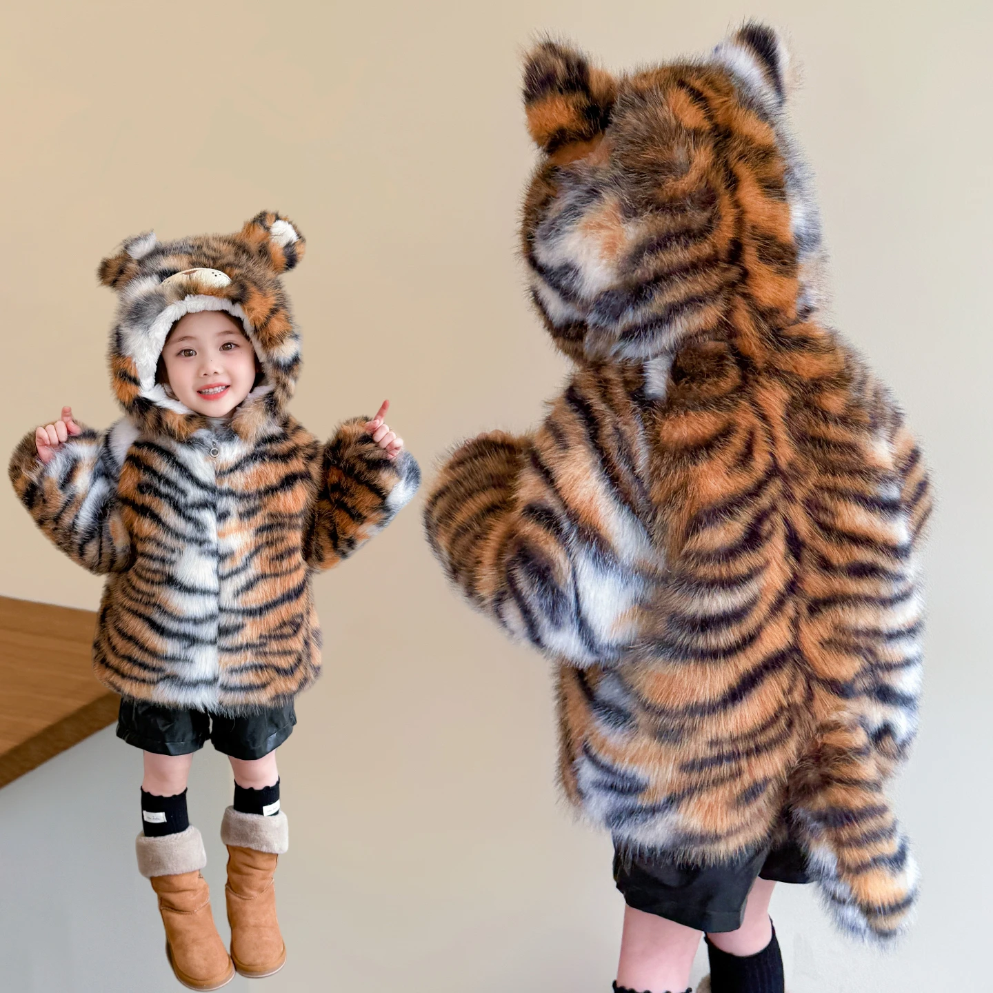 

Lovely Style Baby Kids Tiger Print Fur Coat Outfit Toddler Boy Girl Warm Hooded Jacket Clothing Infant Child Wool Blends Clothes