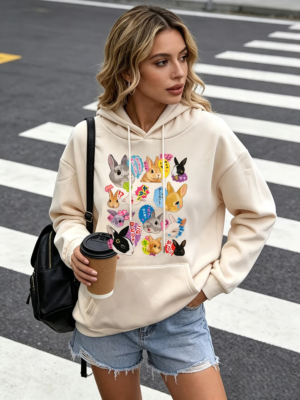 Japanese Rabbit Expression Prints Hoodies Women Winter Loose Sweatshirts Casual Pocket Jogging Pullovers Basics Fleece Warm Tops
