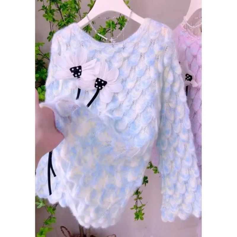 French Style Autumn Winter New Design Sense Intensive Processing Feathers Soft Comfortable Knitted Hollow Out Fairy Pullovers