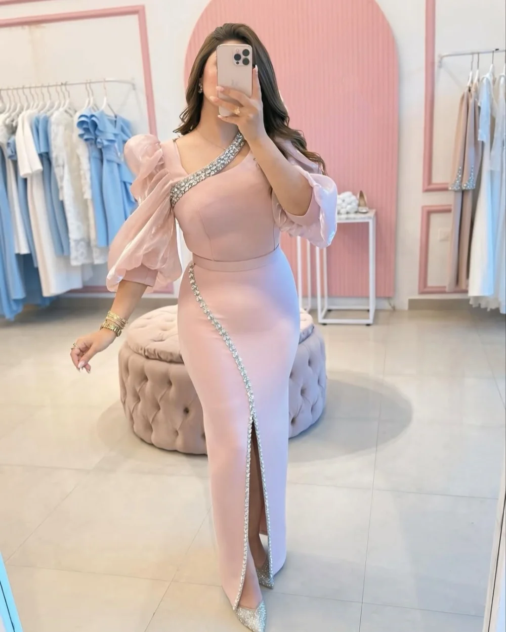 

Customized Modern Style Formal Jersey Rhinestone Ruched Column Square Neck Long Dresses Bespoke Occasion Dresses Sizes Available