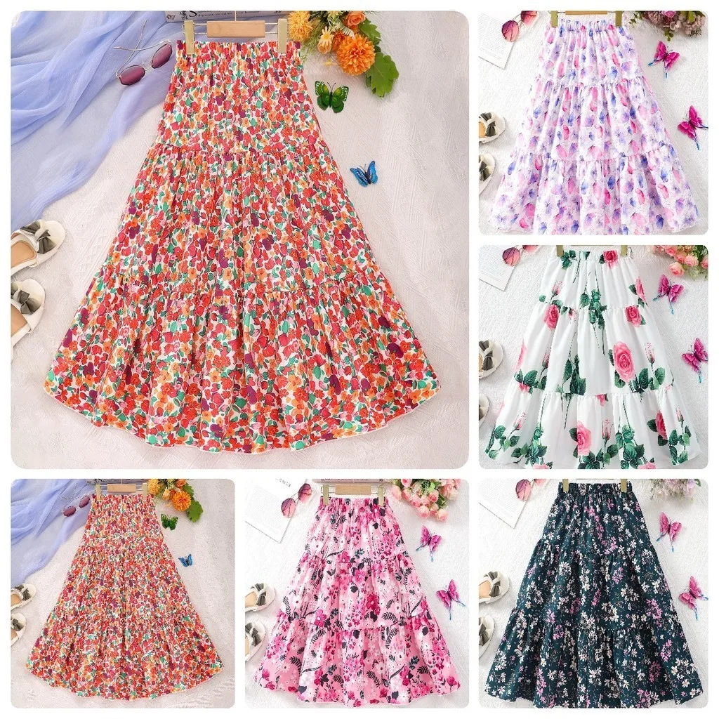 Long Skirt Teens Girls Clothing 8 9 10 11 12 Y Summer Style Casual Fashion Floral Butterfly A-Line Birthday Gift Children Skirt