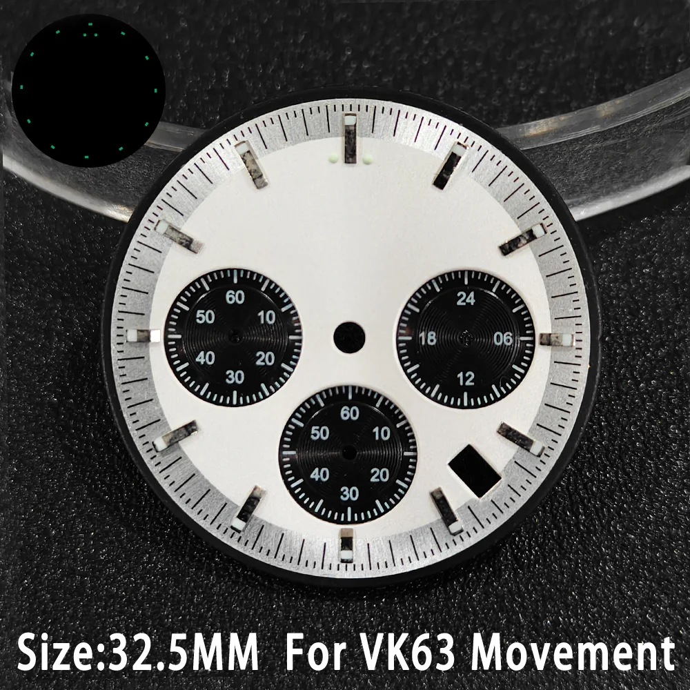 맞춤형 시계 VK63 다이얼 32.5mm C3 녹색 야광 다채로운 캘린더 창 미네랄 크리스탈 글라스 케이스 시계 액세서리