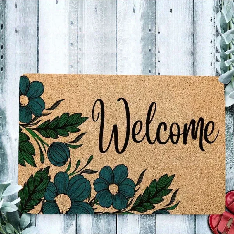 1pc  Blue Floral Letter Welcome Mat Moder Doormat Anti-Slip Small Carpets for Home Living Room Bath Kitchen Garden  Floor Mats