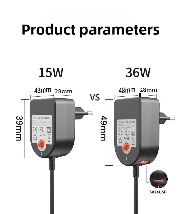 Adaptateur d'alimentation réglable 15W,36W 12V3A, prise multiple US, prise ue 12W, charge rapide