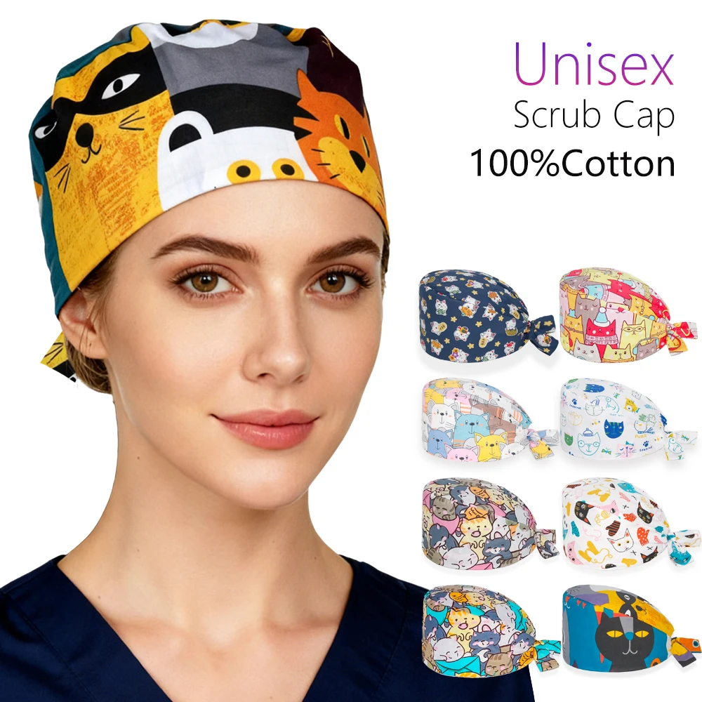 Unisex Cats Printing Surgical Cap Cotton Hospital Medical Nursing Cap Women Men Beauty Salon Dental Vet Scrub Caps Pet Shop Hats