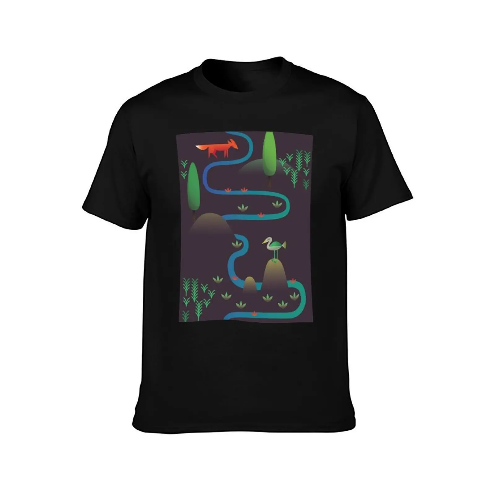 Landscape - Fox and Stream 2 (Pattern) T-Shirt Casual All Match Tee Shirt for Men
