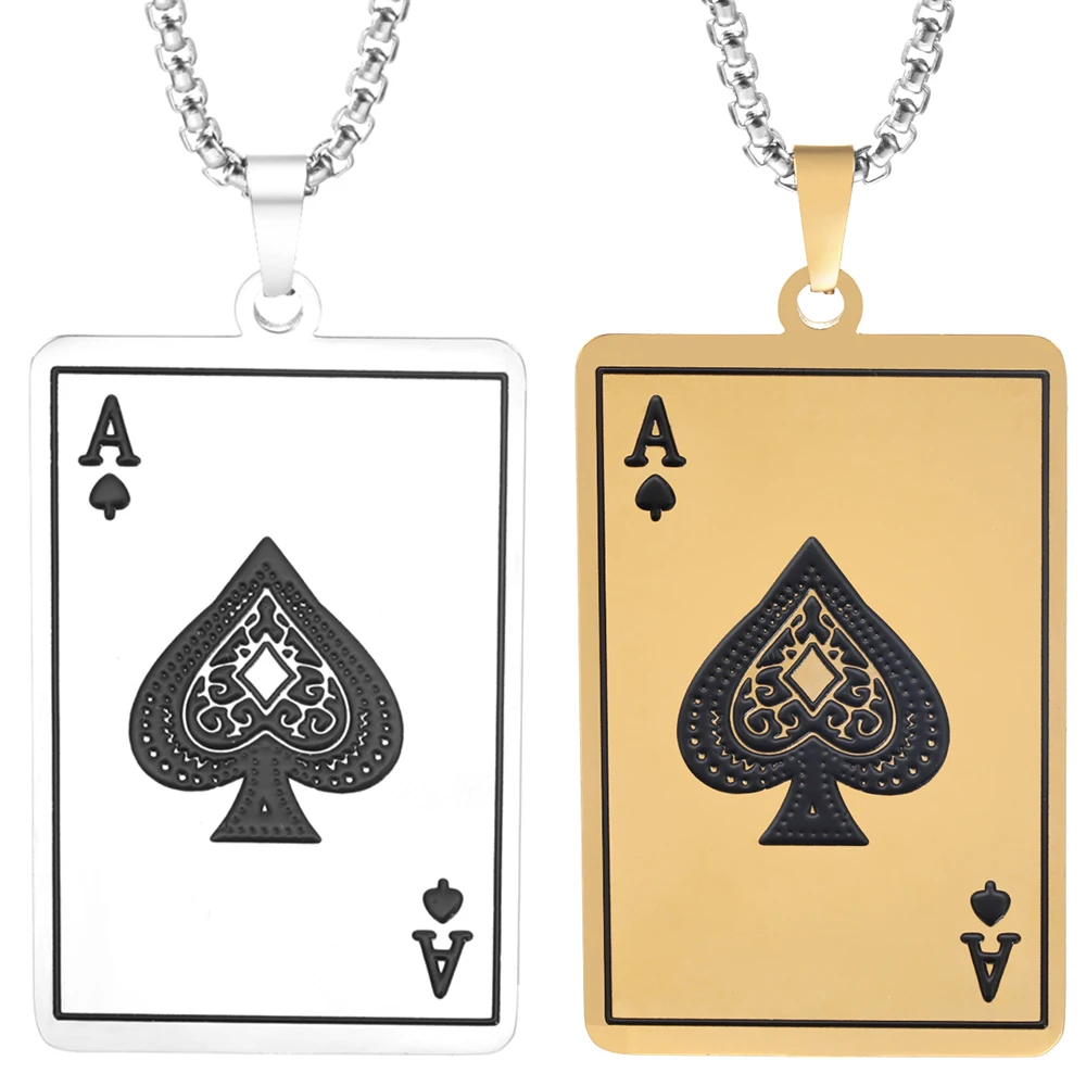 Fashion Punk Ace of Spades Poker Card Pendant Necklace for Men Women Golden Silver Color Stainless Steel Playing Cards Jewelry