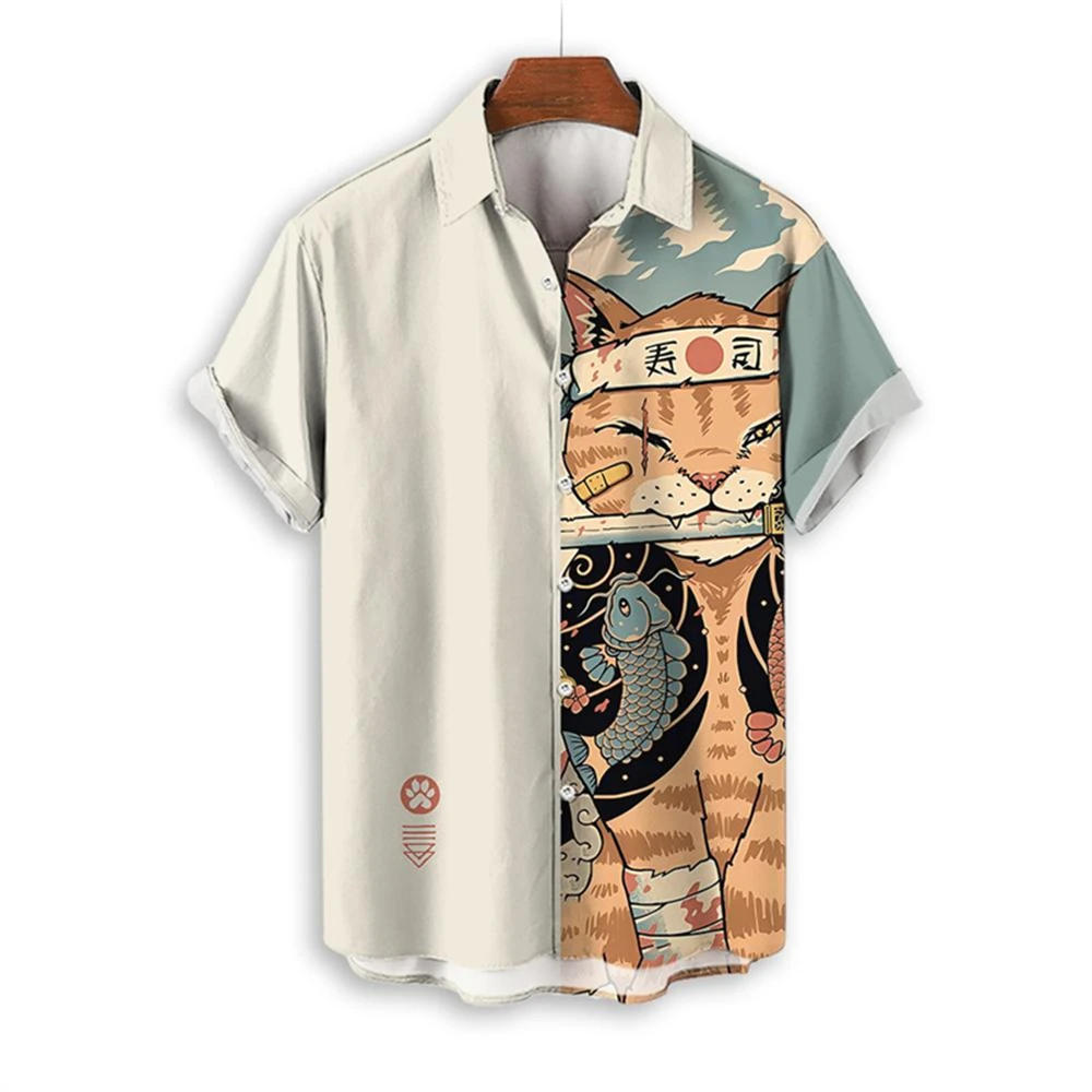 Samurai Cat 3D Printedshirt for Men Summer Clothes for Men Turndown Collar Shirts for Men Street Outdoor Clothes for Men Breatha