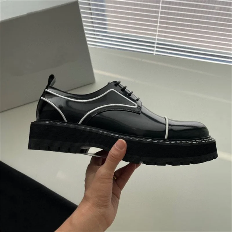 

Spring And Autumn New Leather Thick Sole Trend Lace Up Round Toe Shoes For Men