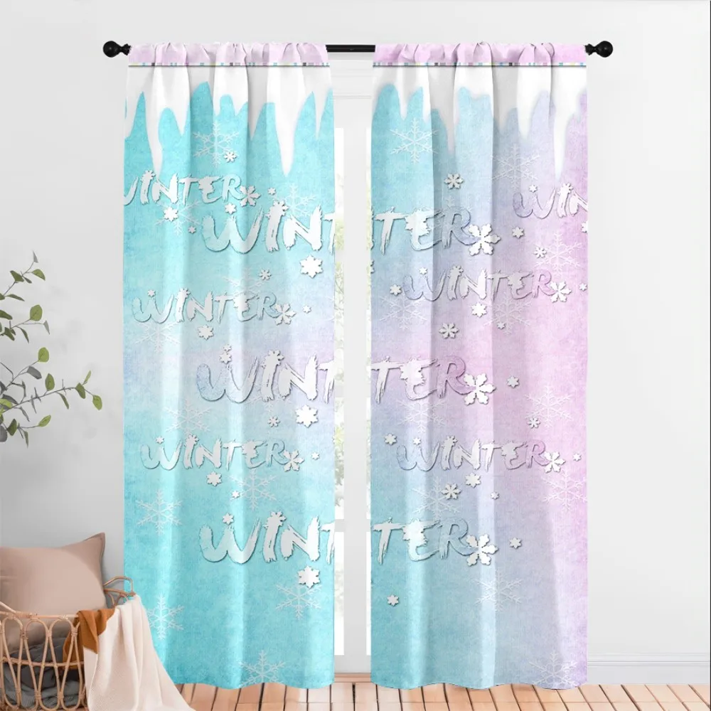 2PCS Digital Print Curtains, Winter Text Snowflake Blue Pattern, Minimalist Seasonal Style for Winter Holiday Home Decor