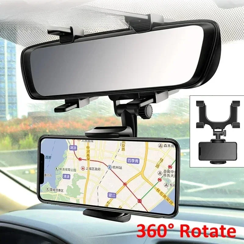 

360 Car Phone Holder Rearview Mirror Mount Bracket Navigation GPS Mobile Stand Clip Foldable Adjustable Car Cell Phone Support