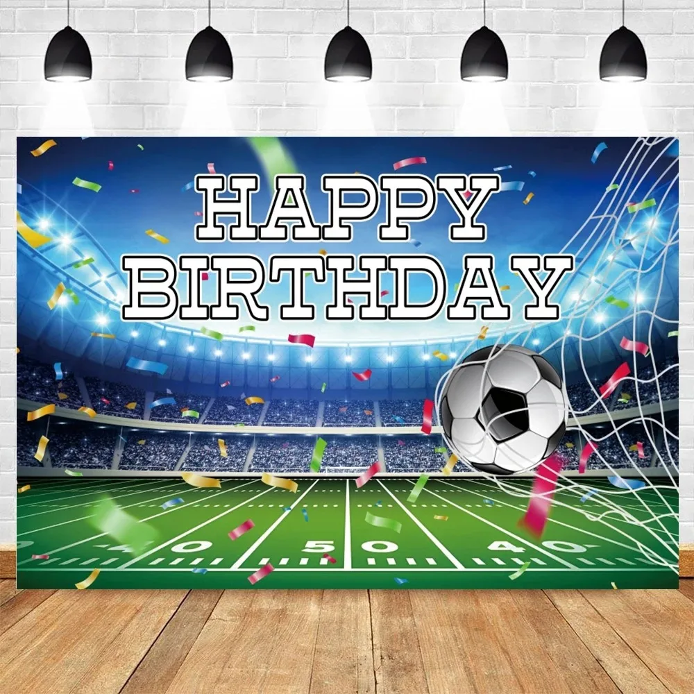 Contexto personalizado do aniversário do futebol, campo de futebol, gramado do estádio, fundo da foto do menino, banner do bolo, adereços da fotografia, decoração