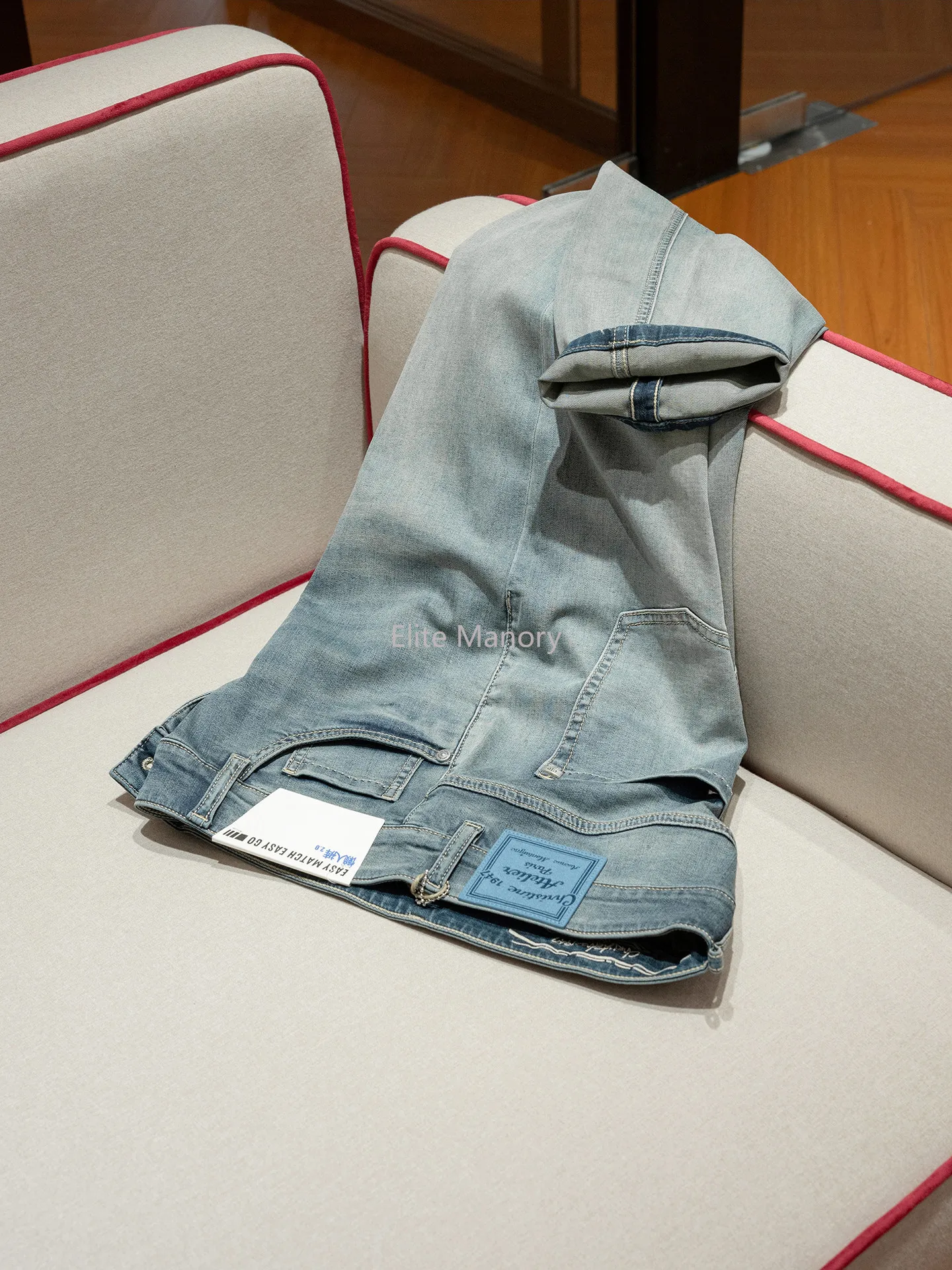 

[14 ounces vintage wash] Lyocell mulberry silk blend, thin fit small straight jeans men