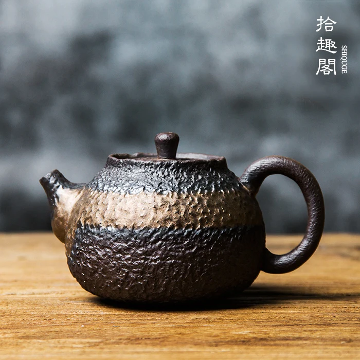 Handmade Gilded Glazed Ceramic Teapot, Zen Inspired Coarse Pottery Single Pot, Japanese Style Filter Pu Erh Tea Brewing