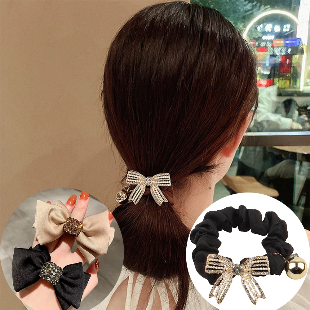 Fashion Imitation Pearl Rhinestone Bowknot Hair Rope Elegant Solid Color Bow Hair Ring Women Girls Ponytail Bun Hairband Gifts