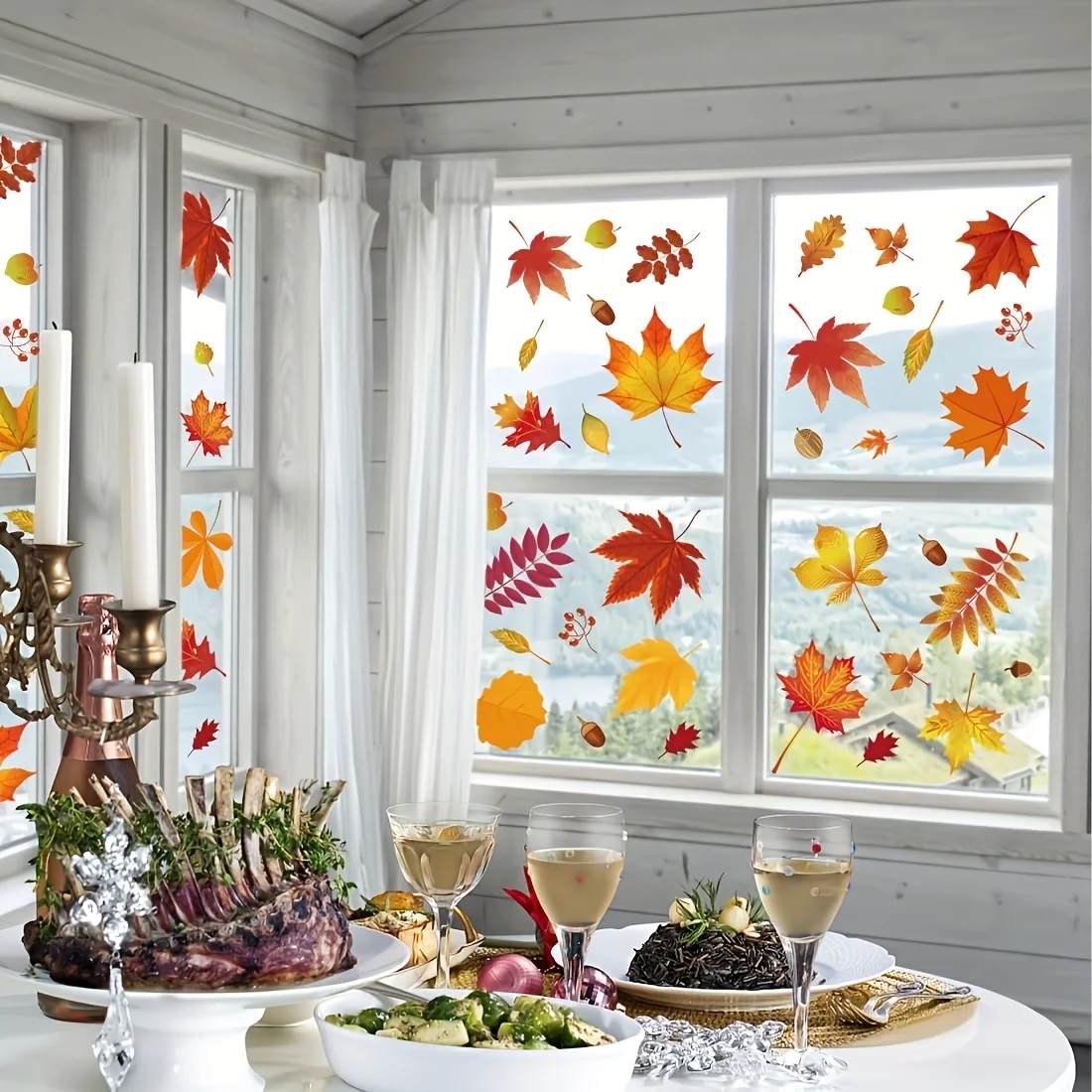 72 Stück Herbst-Ernte-Fensteraufkleber, Aufkleber mit Ahornblättern, Tannenzapfen und Herbstblättern in verschiedenen Farben (Rot, Gelb, Orange) – Detail 3