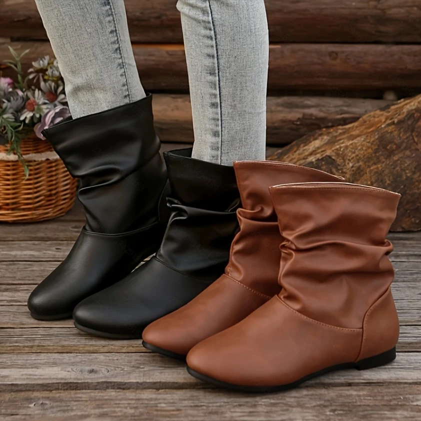 Bottines décontractées à talon plat pour femmes, couleur unie, confortables - Design plissé, modèle polyvalent et simple