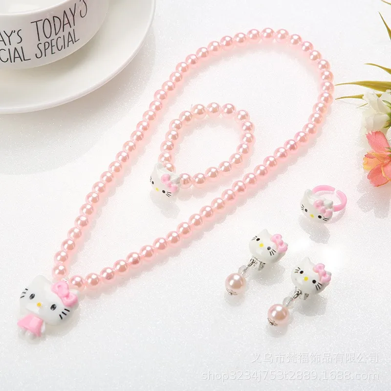 4pcs/set Cartoon Hello Kitty Necklace Hairclips Ring Set Toy Kawaii Sanrio Kids Hairpins Girl Heart Accessories Birthday Gifts