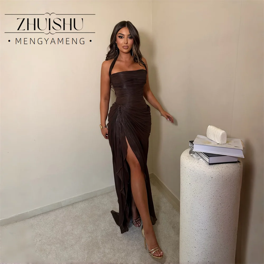 ZHUISHU Sexy Pleat Mermaid Evening Dress Halter Strapless Sleeveless Slit Open Back Formal Party Gowns Customized فساتين سهرة