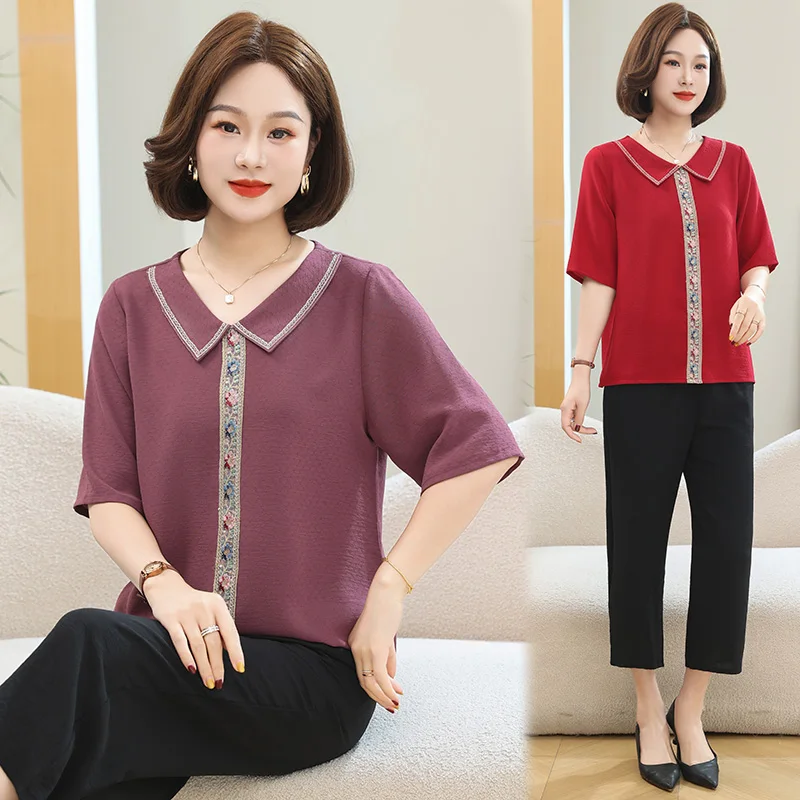 

Summer Collar Pants Set 2026 Embroidered Clothing Comfortable Women's Shirt+Pants Two Piece Set Plus Size Elastic Waist
