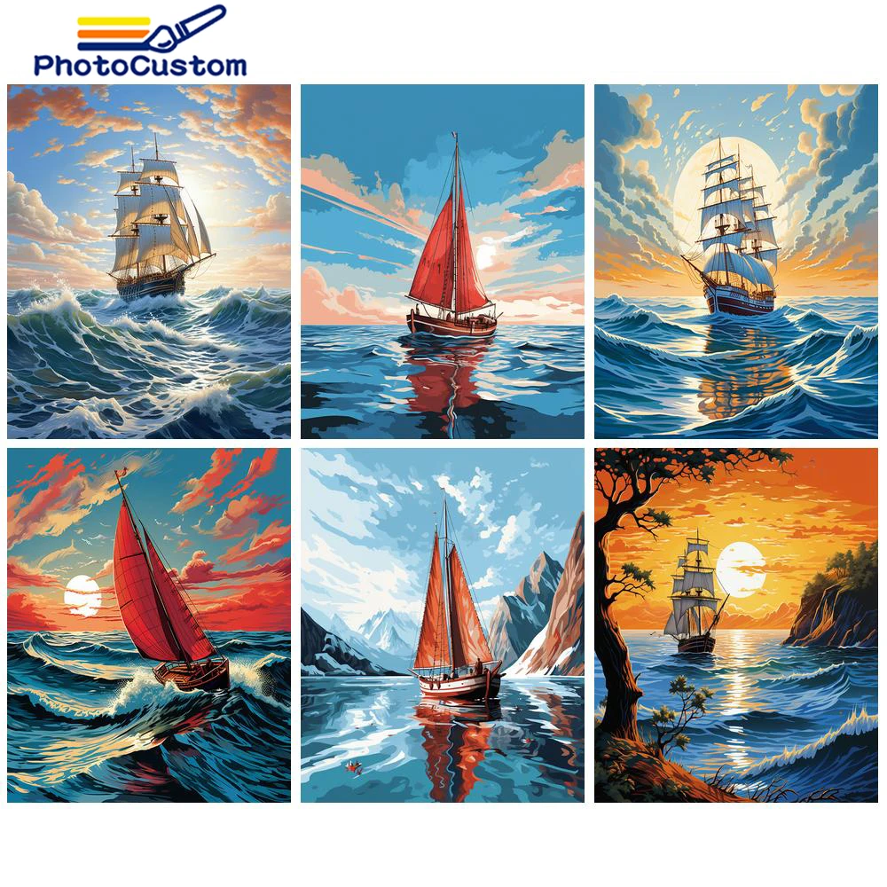 

PhotoCustom Oil Painting By Numbers Kits Sea Sailboat DIY Acrylic Paint By Numbers For Adults Home Decors Coloring By Numbers Wa