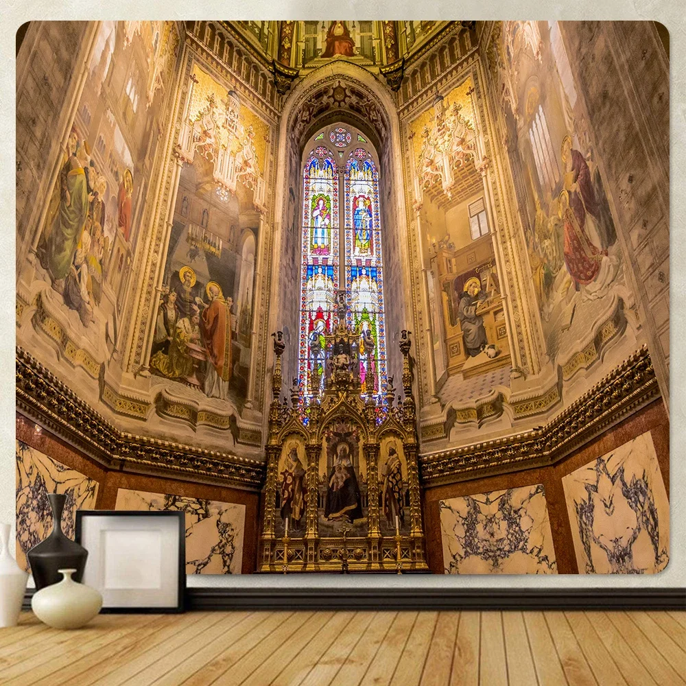 Vintage Church Tapestry Christian Church Interior Retro Architecture Tapestries Wall Hanging Home Decor for Living Room Bedroom