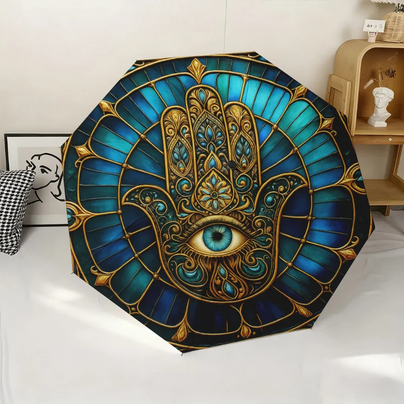 

Automatic Folding Umbrella with Exquisite Hamsa Design | Central Eye Motif, Gold-Tone, Portable Foldable Design, Ideal for Cas