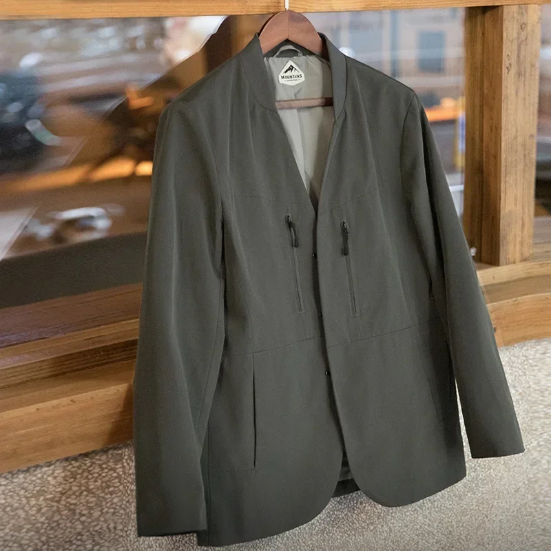 Maden-Chaqueta de traje gris sin cuello para hombre, chaqueta funcional, versátil, de marca de lujo, para otoño, 2023