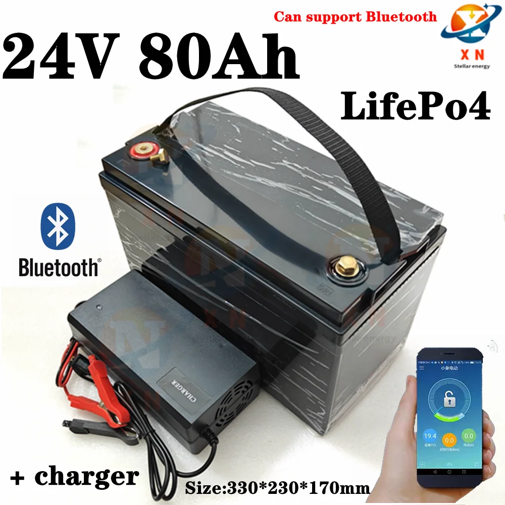 Lifepo4 24V 80Ah Lithium Battery Deep Cycle For 1200W Backup Power Solar Energy Storage Golf Cart Scooter +10A Charger