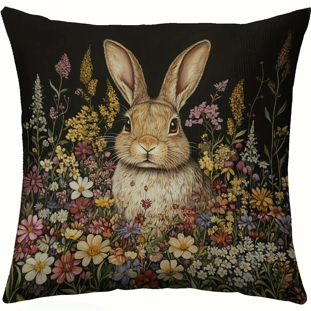 

Наволочка с пасхальным кроликом и цветами - полиэстер, плюш, двусторонняя печать, на молнии, ретро-дизайн, с изображением кролика и лесных цветов, для домашнего декора