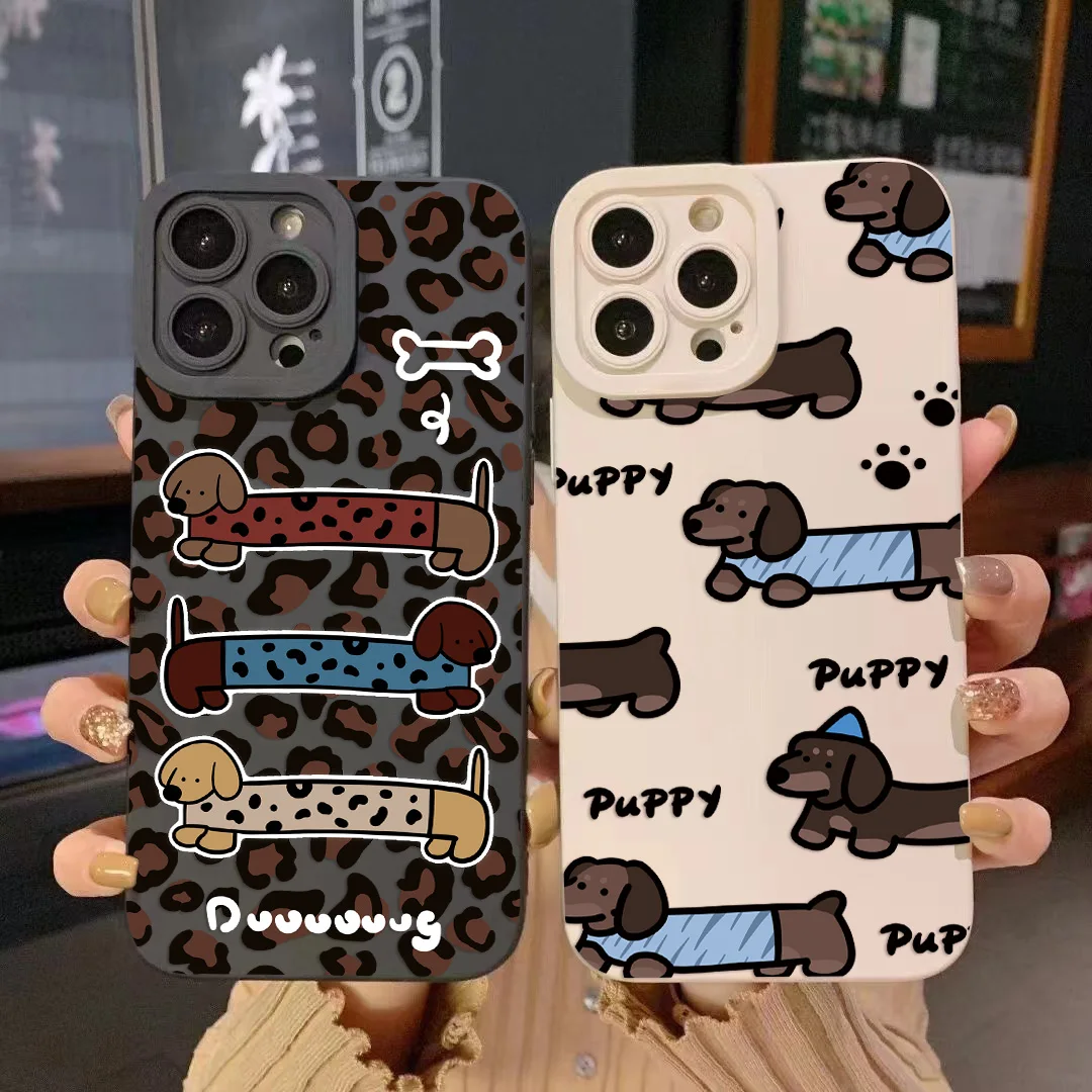 ヒョウ柄ダックスフント子犬電話ケース Iphone 16e 16 15 14 13 12 11 ミニプロマックス X XR XSMax 8 7 6 6S プラスソフトバックカバー