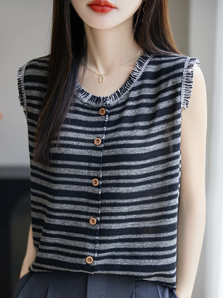 

Summer 2025 Women's round Ne Svel Tank Top Knitted ort Sve T-irt Striped Vintage Color Blo Fringed Ca...