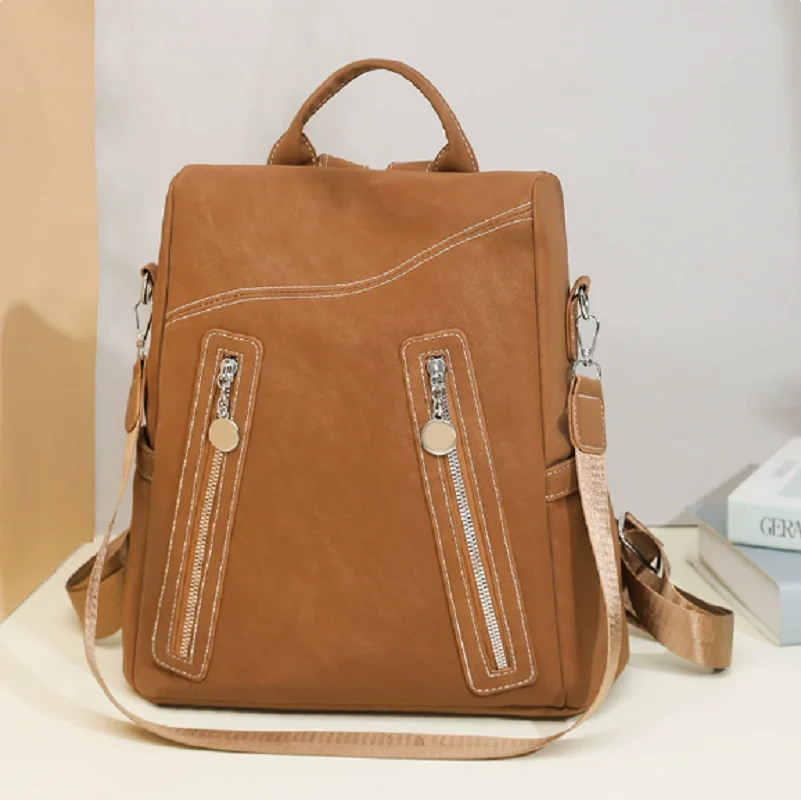 

Korean New Women's Fashion Vintage Soft Leather Backpacks High Capacity Shoulder Bags Notebook School Bag Crossbody Backpack
