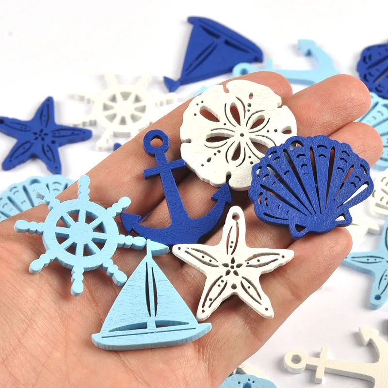 25pcs 3-3.7cm Mixed Anchor/rudder/starfish Wood Crafts Handmade Accessories DIY Scrapbooking Supplies Wooden Ornament Home Decor