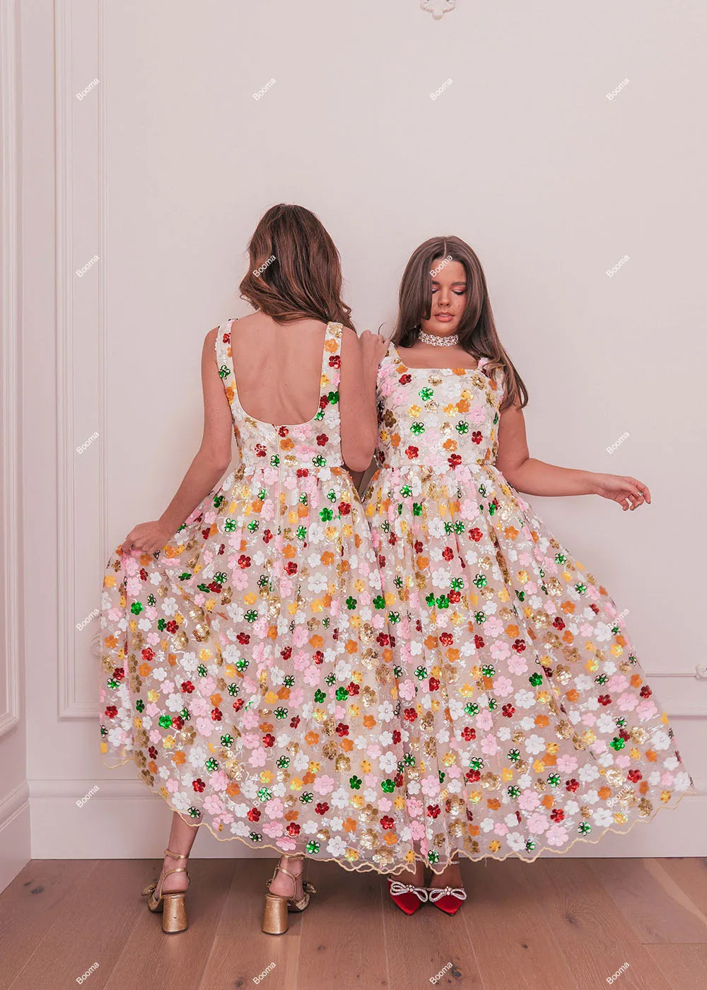 Booma Pailletten Blumen Midi Ballkleider ärmellose quadratische Kragen Heimkehr Kleid Geburtstag Party kleid A-Linie besonderen Anlass Kleid