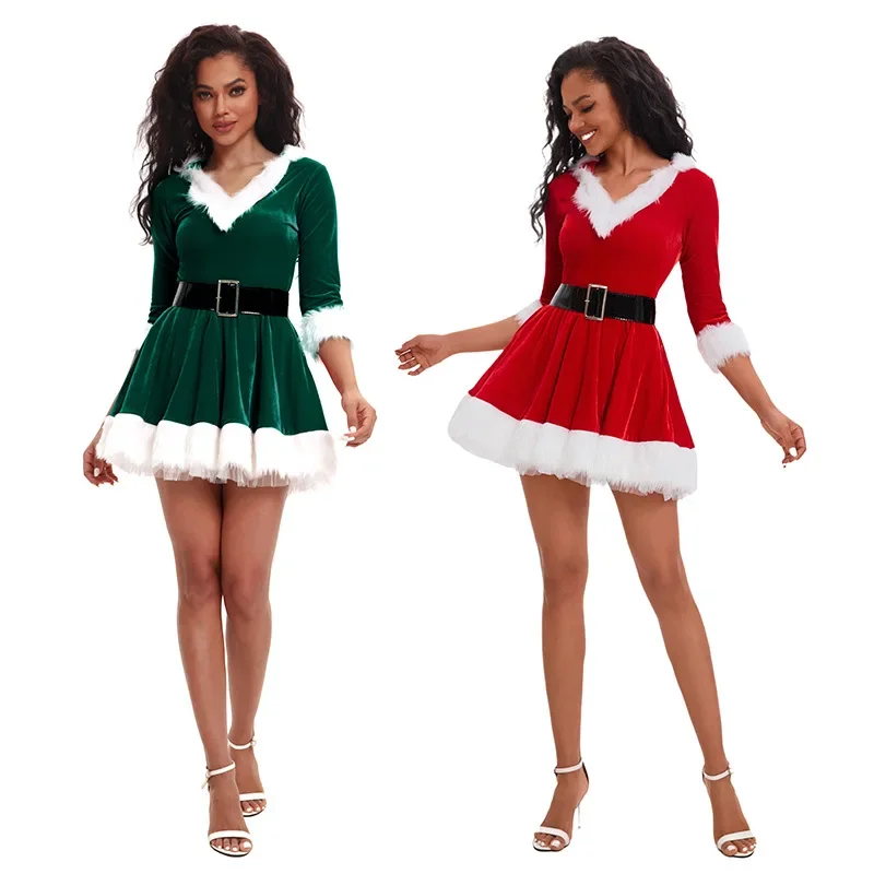 New Fashion Women Half Sleeve Solid Popular Ladies Santa Claus Xmas Theme Costume Cosplay Outfit Waistbelt Christmas Dress